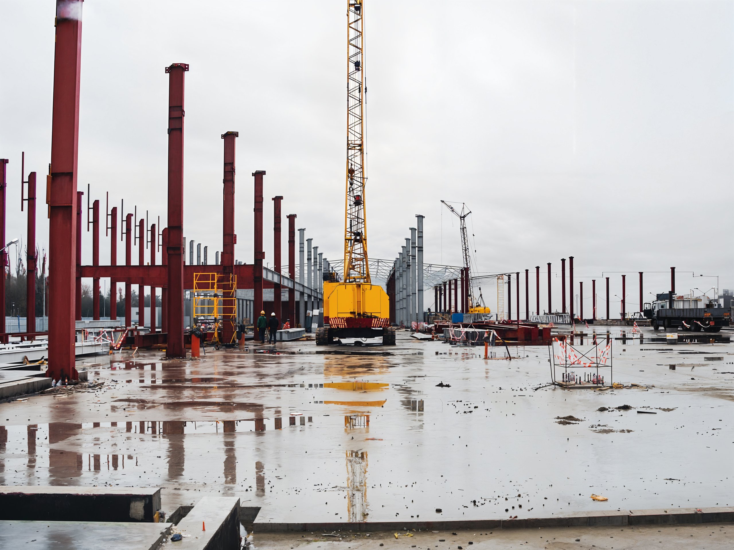 Construction site with steel beams and crane in upstate New York