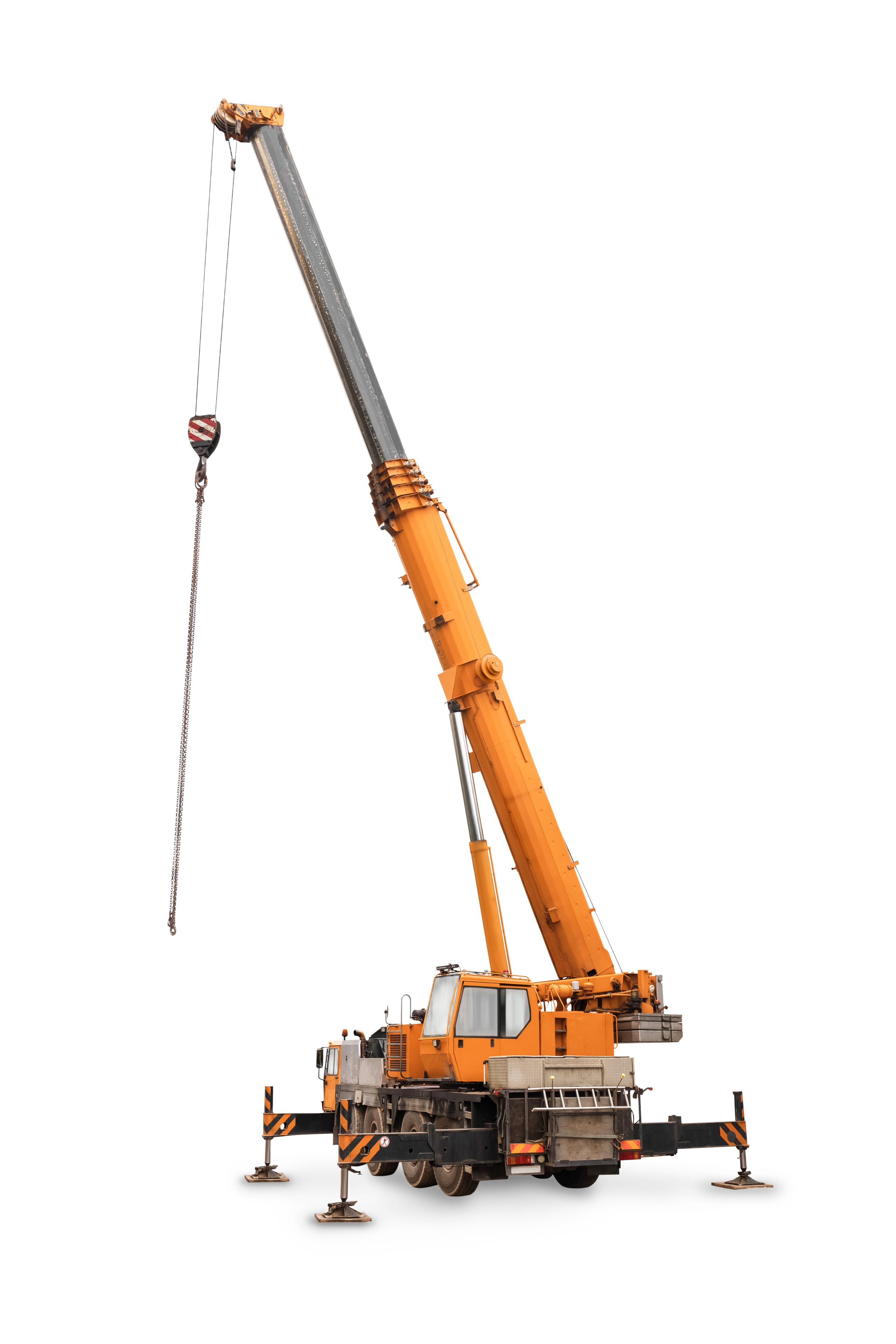 Orange crane truck with extended boom and hook for construction lifting tasks