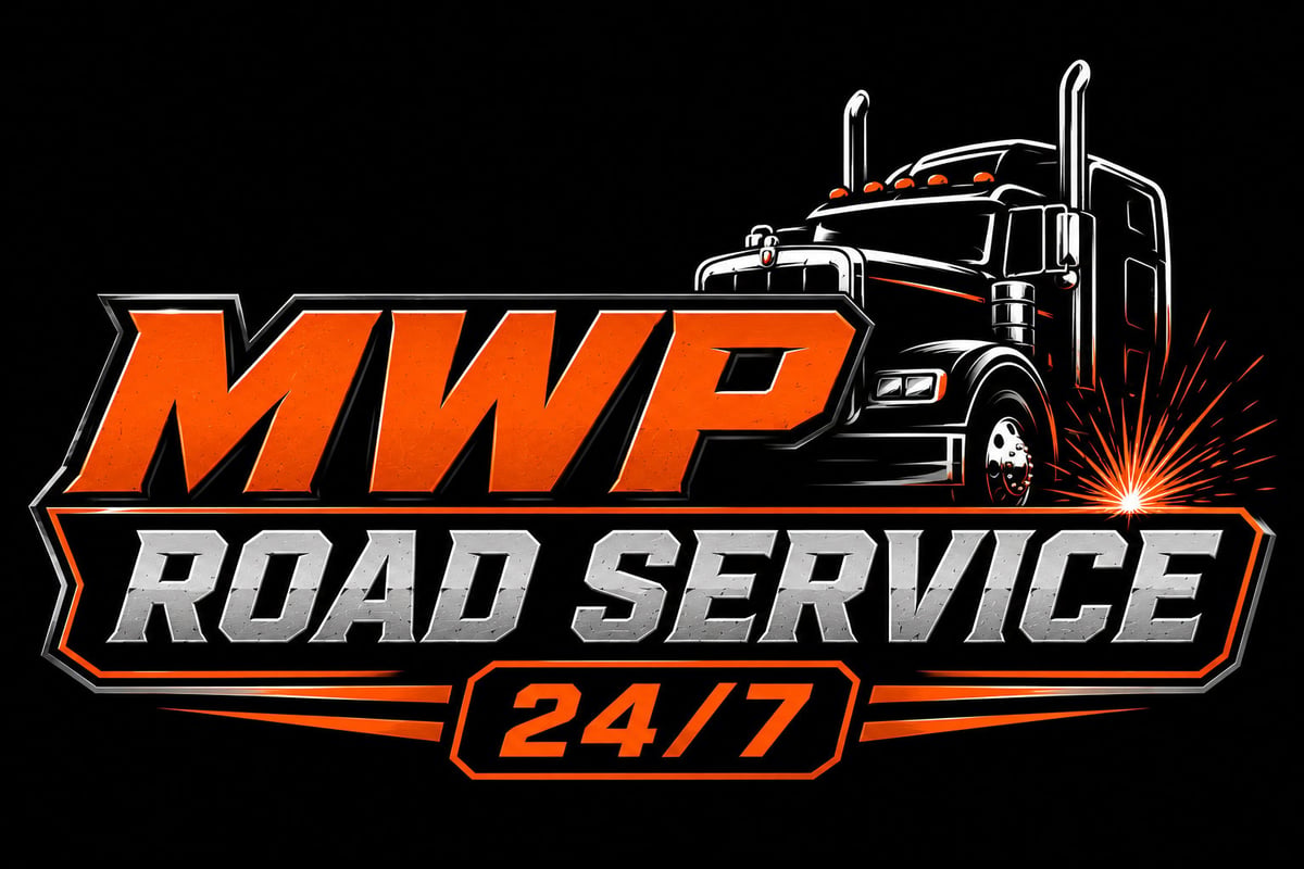 MWP Road Service 24/7 logo featuring an orange and black tow truck illustration with welding spark graphic on black background